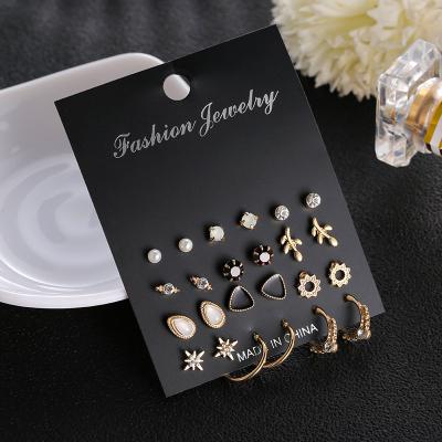 China Fashionable European Pearl Diamond Hot Sale Earring Set 12 Pairs Shape Geometric Earring Suit for sale