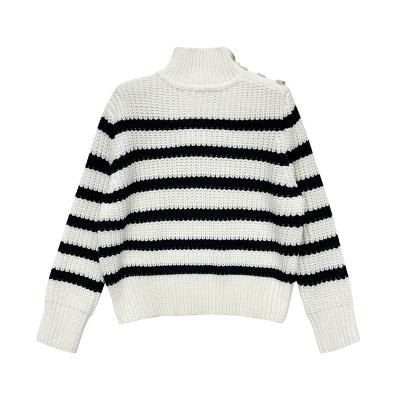 China Breathable Women Fashion O-Neck Long Sleeve Breathable Yellow Wool Regular Stripe Loose Winter Turtle Neck Women Sweater for sale