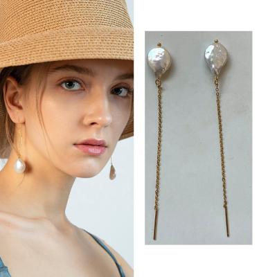 China FASHIONABLE Temperament LadiesTitanium Steel Pearl Long Chain Freshwater Earrings for sale