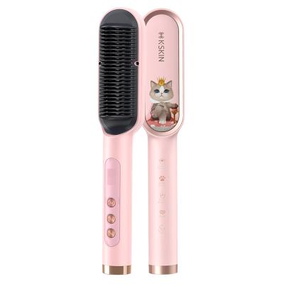 China KSKIN Outdoor Hair Straightener Straightening Brush Fastest Heating Ceramic Cute Kitty Hairstyling Wand for sale