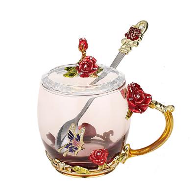 China Sustainable Lead Free Handmade Enamel 12oz Butterfly And Blue Rose Flower Tea Mug Glass Cup With Handle for sale