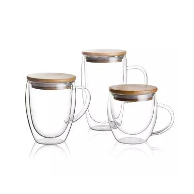 China Stocked 350ml Tumbler Double Wall Glass Mug With Bamboo Lid for sale