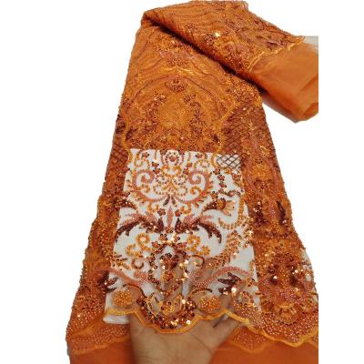 China Sustainable African African Lace Fabric With Beads And Sequin Embroidery Net Lace Orange French for sale