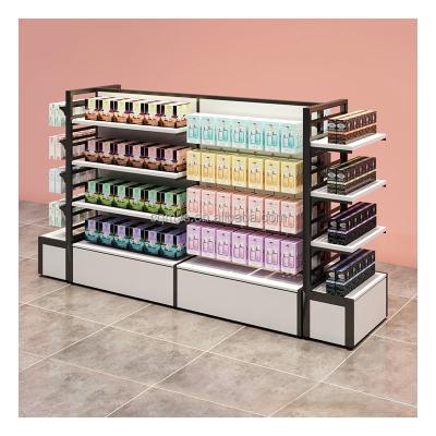 China Single Sided Customized Wooden Wall Shelves and Makeup Display Wall Cosmetic Glass Display Cabinet for sale