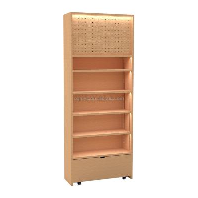 China MYS Wooden Hot Sale Shop Pegboard Fruit Vegetable Display Rack Single Sided With Storage Box Drawer For Grocery Store 950x350xH2800mm for sale