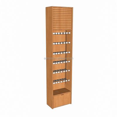 China MYS Rod Single Sided Wooden Stretching Pegboard Shop Hanging Display Rack With Storage Box Drawer For Grocery Store 650x350xH2800mm for sale