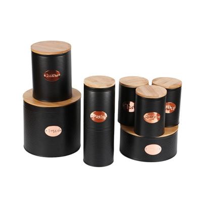 China Sustainable Coffee Tin Canister Round Shape Metal Storage Bread Bin Kitchen Cookie Tea Set With Bamboo Lid for sale