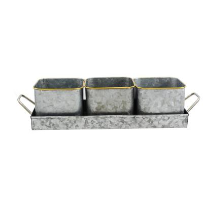 China CLASSIC Galvanized Steel 3 Pot Metal Grass Pots Set With Holding Tray Small Flower Pots Garden Supplies for sale