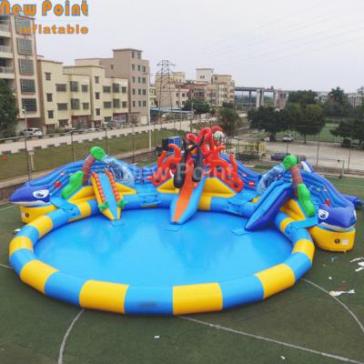 China Plato 0.55mm& 2020 Hot Selling 0.9mm PVC Tarpaulin Giant Commercial Shark Inflatable Water Park Slide With Pool For Kids And Adults for sale