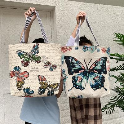 China Fashion Boho Butterfly Print Vintage Shoulder Canvas Ladies Tote Bag Large Ethnic Versatile Free Shipping Purse for sale