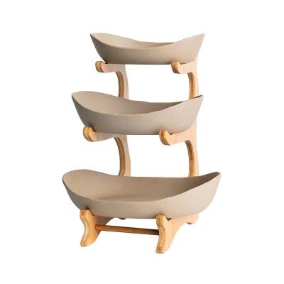 China 3 Tier Bowl Fruit Basket Sustainable Ceramic Oval Bamboo Storage Bread Snack Holder Vegetable Tray Holder Display for sale