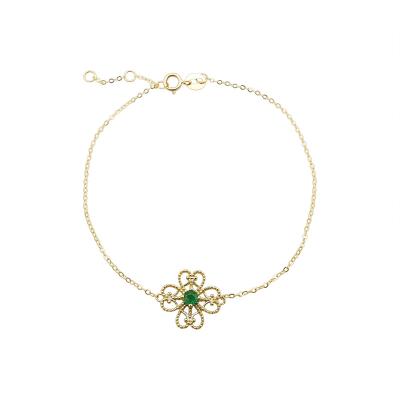 China Trendy Hot Sale 9K Real Solid Gold Gemstone Flower Shape Bracelet Natural Green 9k Gold Chain Link Bracelet for sale