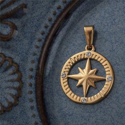 China PVD Disc Round Charm Stainless Steel Pendant/Sporty Zircon North Compass Pendant Casual Gold Plated Star Pendant Necklace for sale