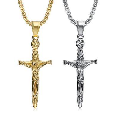 China Unique Stainless Steel Men's Religious Catholic Jewelry Gold Plated Sword Jesus Cross Pendant Necklace for sale