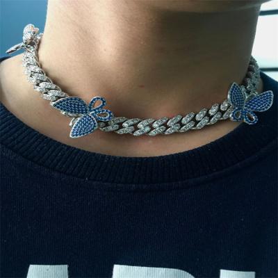 China New Hip Hop Hip Hop Fashion Butterfly Charm Scarf Iced Out CZ Link Chain Necklace Women Blue Bling Cuban Jewelry for sale