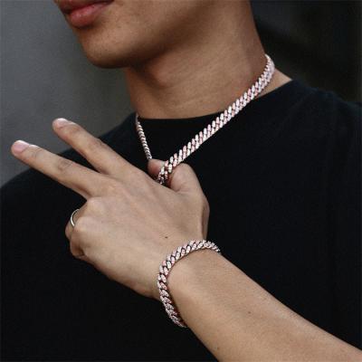 China Hiphop Double Colored Cubic Zirconia 8mm One Row Diamond Fully Inlaid Cuban Link Chain For Men for sale