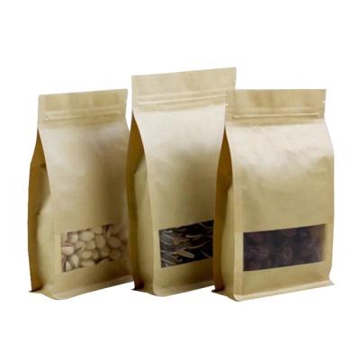 China Recyclable Food Packaging Bags Brown White Kraft Paper Bag With Clear Window Zipper Stand Up Pouch for sale