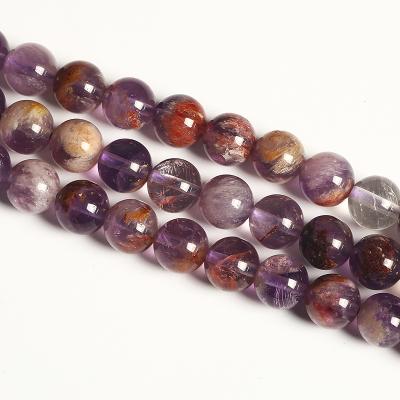 China Wholesale Natural Purple Simply Polished Stone Beads Ghost Crystal Round Loose Beads For Jewelry Diy Making for sale