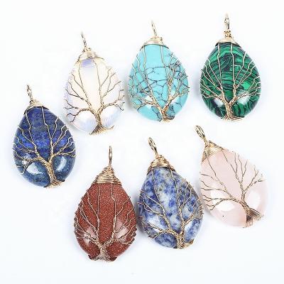 China CLASSIC Teardrop Gemstone Accessories Healing Tree Of Life Thread Wrapped Pendant For Necklace Jewelry Making for sale