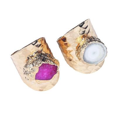 China CLASSIC Fashion Mosaic Gemstone Amethyst Accessories Natural Stone Gold Plated Open Adjustable Quarter Crystal Agate Druzy Hammered Ring for sale