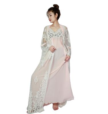 China EING C0088 New Design Breathable Mesh Chiffon Embroidered Lace Halter Dress With Top Set Nightgown for sale