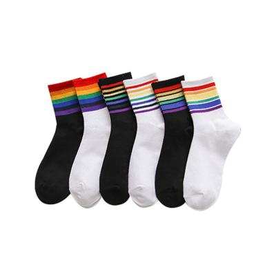 China Antibacterial Black and White Striped Ladies Rainbow Tube Socks Cotton Medium Socks for sale