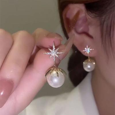 China Pearl needle earrings earrings eight star pearl needle earrings earrings with Microinlaid network 2022 elegant Japanese and Korean temperament new red for sale