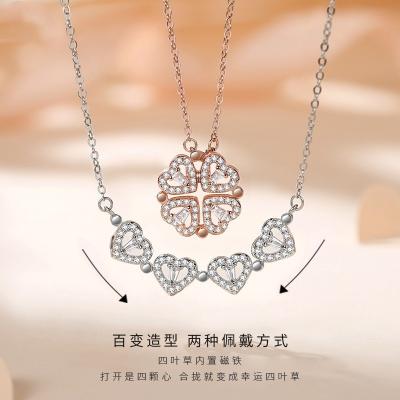 China Dangle Women 925 Sterling Silver European Clover Necklace Love Heart Four Leaf Grass Necklace And American CSI Heart Shaped Pendant Full Of Diamonds FO for sale