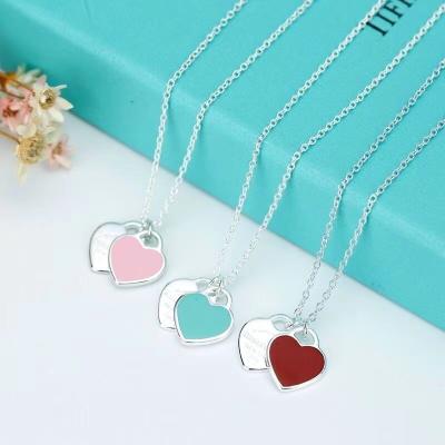 China Luxury High Quality Double Heart Necklace 925 Sterling Silver Heart Shaped Pendant Neck Tiff Style Pendant Necklace Jewelry Pendant Chain for sale