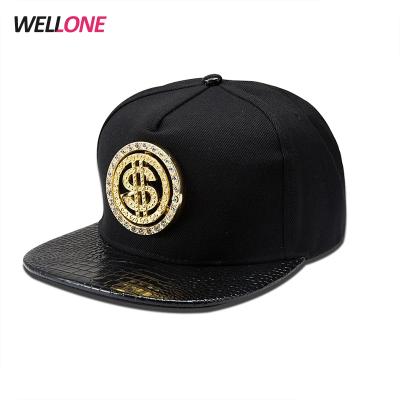 China Wellone COMMON cotton snakeskin brim metal luxury unisex high quality black logo custom design snapback hats for sale