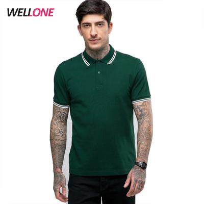 China Wellone green cotton pique contrast embroidered logo custom men's 100% different color collar polo shirt by neck anti-pilling for sale