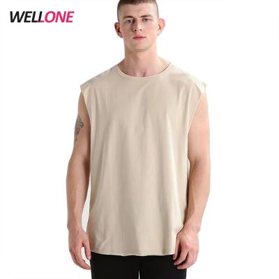 China Anti-pilling Wellone no dry fit 95% cotton 5% elastic men's gym logo custom printing beige single tank top for sale