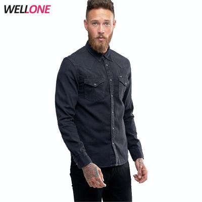 China Wellone OEM Fashion Good Quality Anti-pilling Custom Your Design 100% White Cotton Black Color Man Long Sleeve Black Denim Shirt for sale