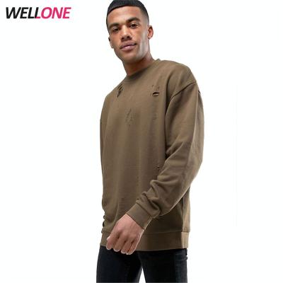 China Anti-pilling Wellone distressed fashion streetwear loose washed soft french terry white custom design men vintage khaki sweatshirts for sale