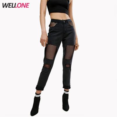 China OEM 98% Breathable Cotton 2% Elastane Four Pocket Destroyed Black Lace Knee Denim Girls Jeans Pants for sale