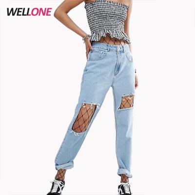 China China Factory OEM 98% Cotton 2% Elastane Breathable Lace Knee Denim Light Blue Women Jeans Pants for sale