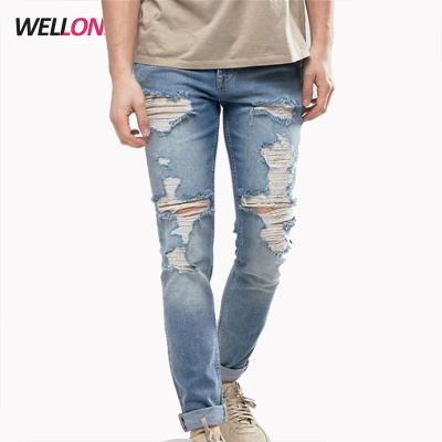 China China Factory 99% Breathable Cotton 1% Elastane Five Pocket Styling Mid Wash Blue Heavy Rips Jeans For Men for sale