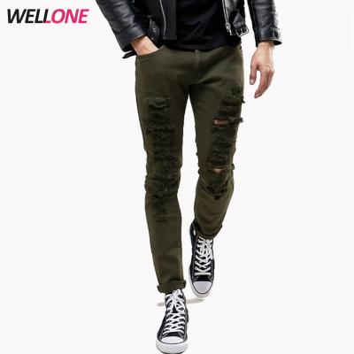 China 98% Cotton 2% Elastane Fashion Machine Wash Breathable Blend Sizes Green Slim Fit Ripped Jeans for sale