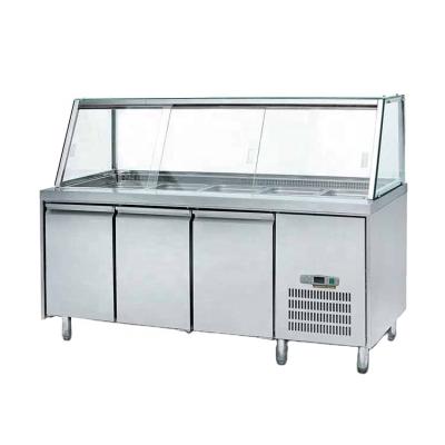 China Single-Temperature 3 Doors Air Cooling/Stainless Steel Salad Counter Display Counter Salad Fridge with Glass Lids for sale