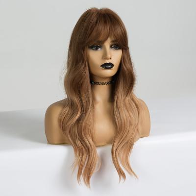 China With Long Body Wave Bangs Wigs Ombre Brown Synthetic Black Blonde Cosplay Wig Middle Piece Natural Heat Resistant Wig For Women for sale