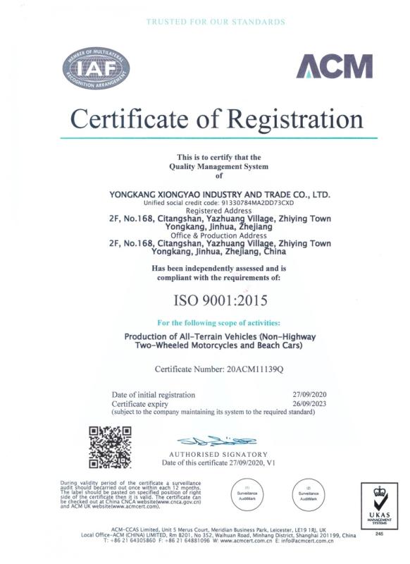 ISO9001 - Yongkang Xiongyao Industry And Trade Co., Ltd.