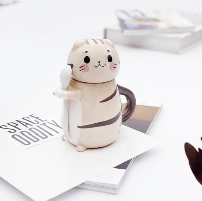 China Cute Viable Animal Creativity Fortune Cat Ceramic Mugs Anime Breakfast Milk Cup Bone China Cups With 3D Lid And Spoon for sale