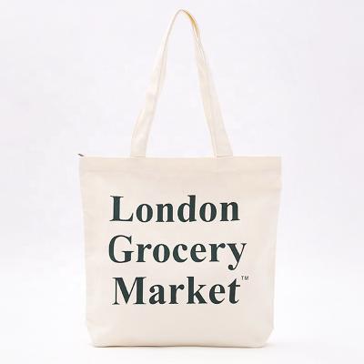 China Natural Custom Natural Silk Screen Cotton Canvas Shopping Bag Grocery Bags With Closed Zipper for sale