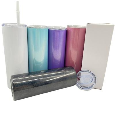 China Custom 20oz Disposable USA Warehouse Double Wall Stainless Steel Glitter Sublimation Colorful Skinny Bling Tumbler with Lid and Straw for sale