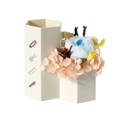 China Best Selling Creative Desktop Storage Brush Pot Pen Holder Cute Ornament Preserved Dried Flowers Rose For Decorative Gift 12*12*12 for sale