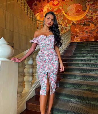 China Stylish Printing Side Slit Anti-Static Backless Off The Shoulder Printed Bodycon Dress for sale