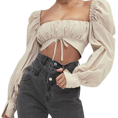 China Anti-pilling Puff Sleeve Blouses Tie Backless Fashion Blusas Party Neck Party Crop Shirt Elegant Women Fall 2021 Fall Elegant Lady for sale