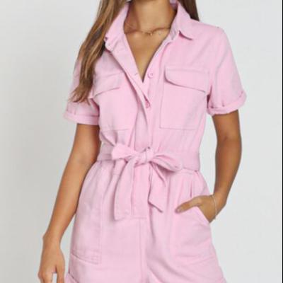 China 2022 New Fashion Lapel Women's Pink Overalls Short Fit Slim Breasted Lace-Up Anti-Static Waist Short Sleeve for sale