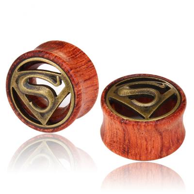 China Vintage wooden Superman stud earring body piercing for sale wholesale custom made measures ear tunnel plugs for sale