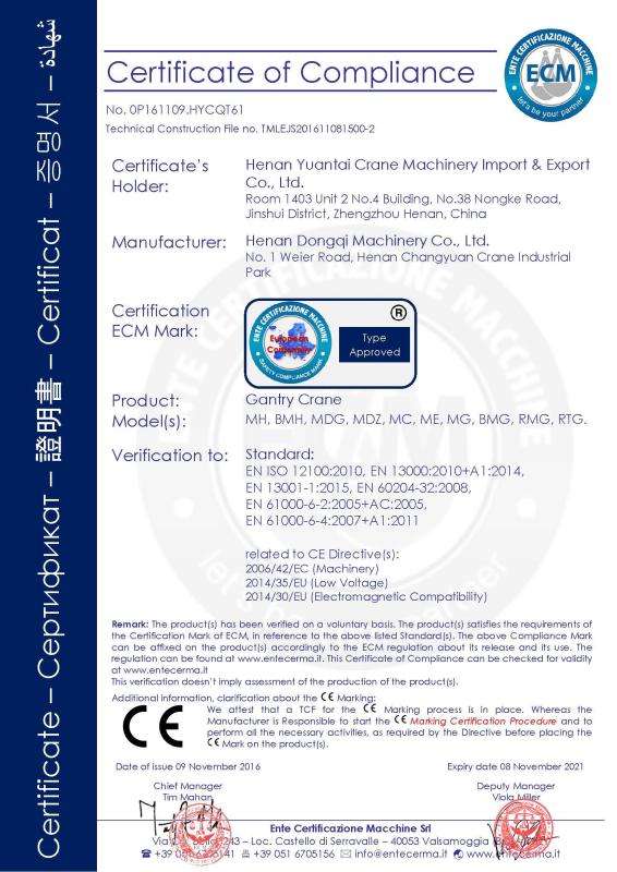 CE - Henan Yuantai Crane Machinery Import&Export Co.,Ltd